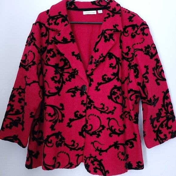 Coldwater Creek Red Boiled Wool Jacket with Black Velvet Scroll Design - Size 2X - Picture 1 of 7